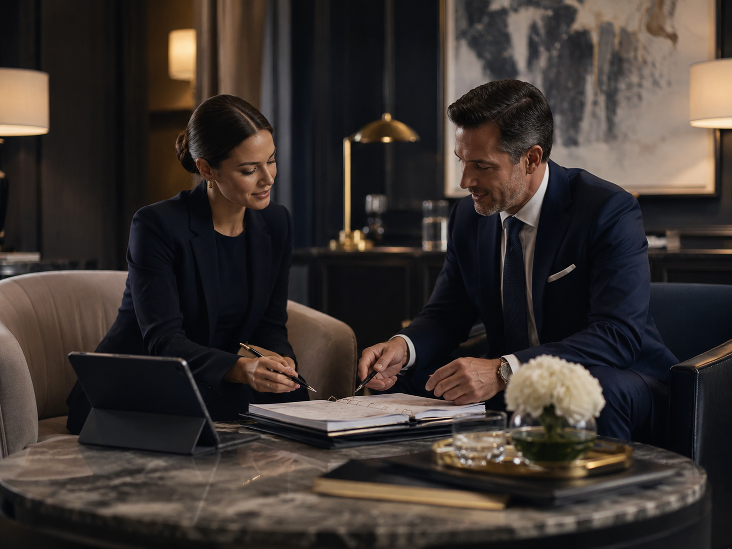 Professional business coordination meeting in an elegant corporate lounge